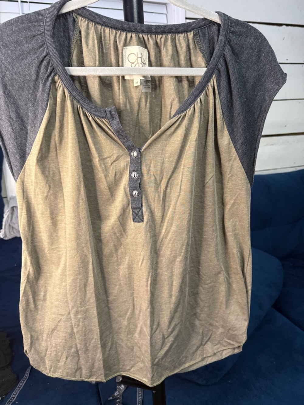 Chaser Two-Tone Cap Sleeve Henley Top in Olive and Gray